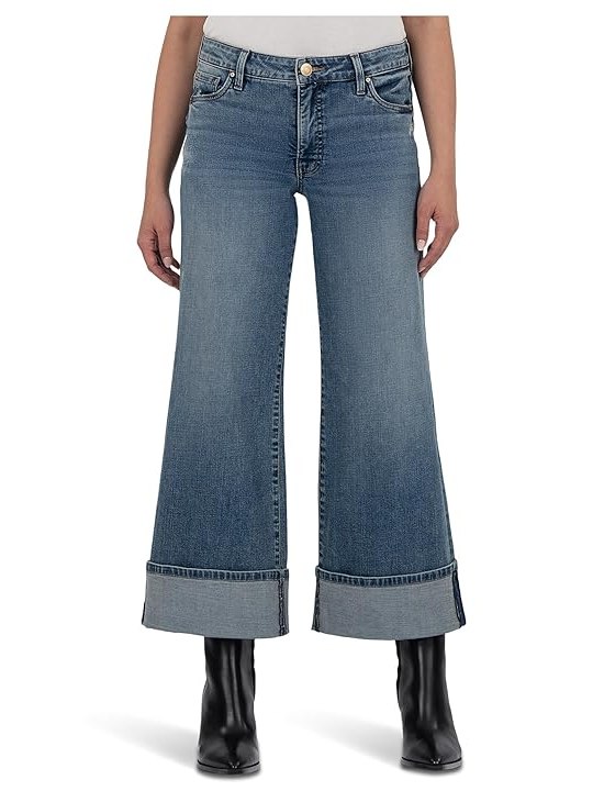 KUT from the Kloth Petite Meg High Rise Fab Ab Wide Legs Roll Up Regular Hem Womens Jeans Incontrovertible